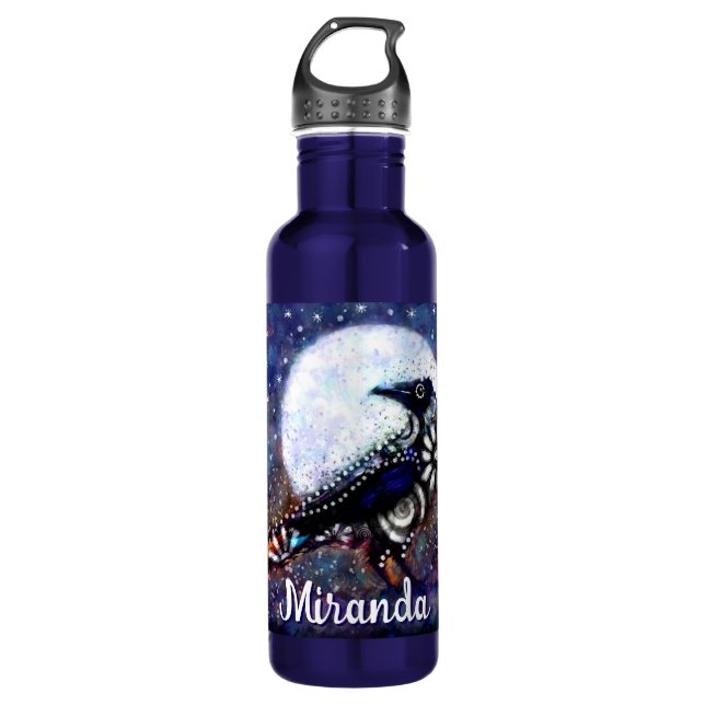 Whimsical Raven Moon Floral Abstrakt Personalisier Edelstahlflasche (Vorderseite)