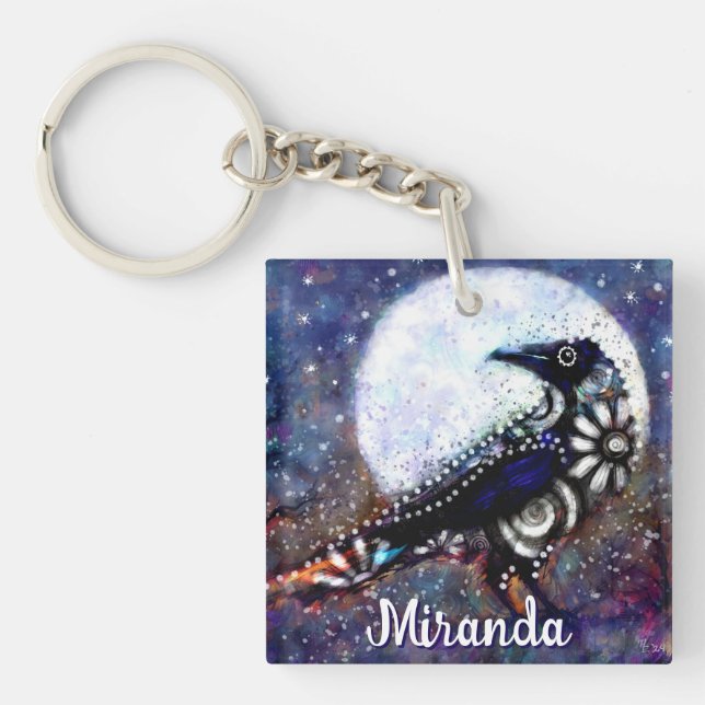 Whimsical Raven Moon Floral Abstrakt Personalisier Schlüsselanhänger (Vorderseite)