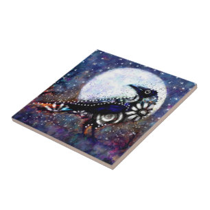 Whimsical Raven Moon Schwarz-weiß Blue Fliese