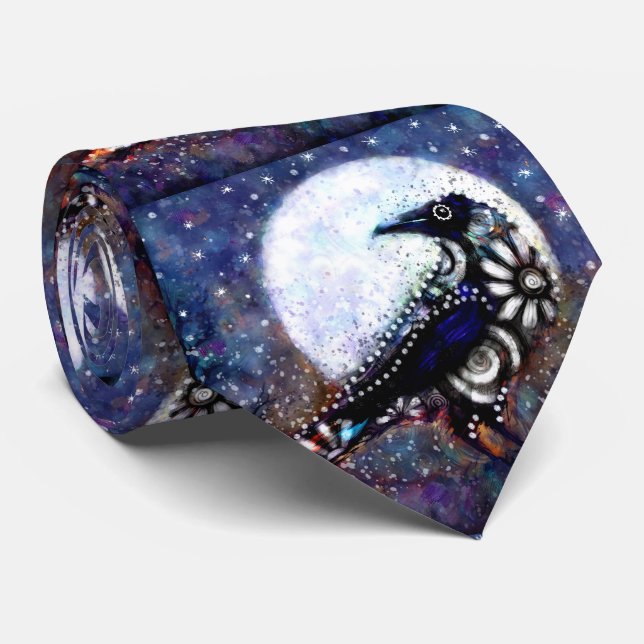 Whimsical Raven Moon Schwarz-weiß Blue Krawatte (Gerollt)