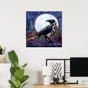 Whimsical Raven Moon Schwarz-weiß Blue Poster