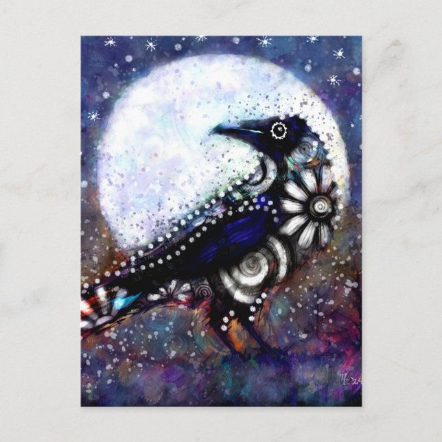 Whimsical Raven Moon Schwarz-weiß Blue Postkarte (Vorderseite)