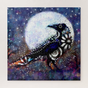 Whimsical Raven Moon Schwarz-weiß Blue Puzzle