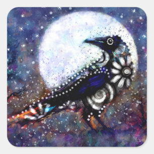 Whimsical Raven Moon Schwarz-weiß Blue Quadratischer Aufkleber