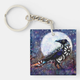 Whimsical Raven Moon Schwarz-weiß Blue Schlüsselanhänger