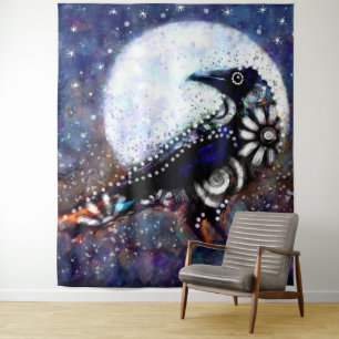 Whimsical Raven Moon Schwarz-weiß Blue Wandteppich