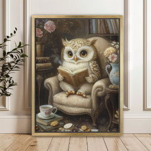 Whimsical Reading Owl Book Lover Art Print Poster
