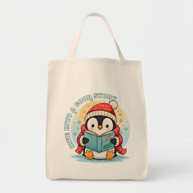 Whimsical Reading Penguin Eco Friendly Grocery  Tragetasche (Vorne)