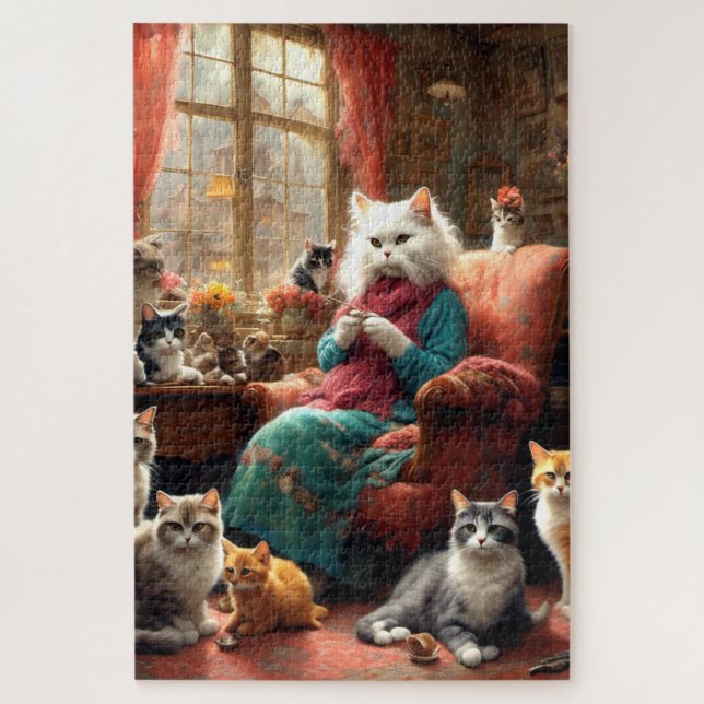 Whimsical realistic Mama Cat & Kittens Puzzle (Vertikal)