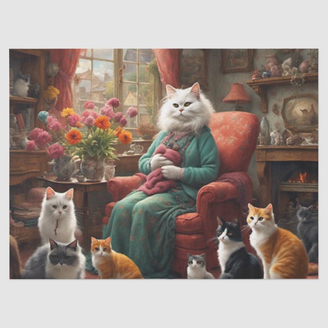 Whimsical realistic Mama Cat & Kittens Seidenpapier (Vorderseite)