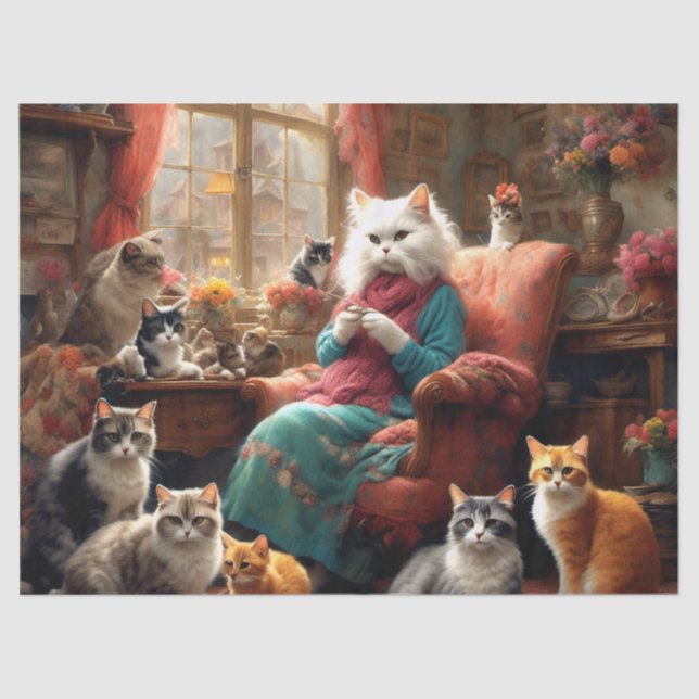 Whimsical realistic Mama Cat & Kittens Seidenpapier (Vorderseite)