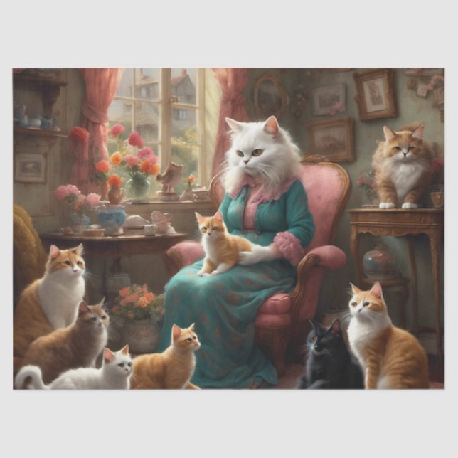 Whimsical realistic Mama Cat & Kittens Seidenpapier (Vorderseite)