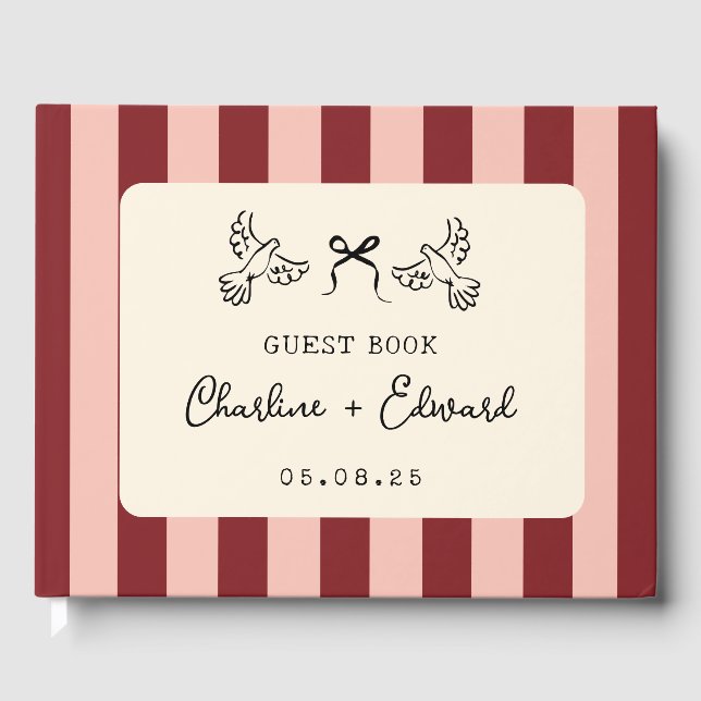 Whimsical Red and Blush Pink Striped Wedding  Gästebuch (Vorderseite)