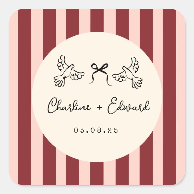 Whimsical Red and Blush Pink Striped Wedding  Quadratischer Aufkleber (Vorderseite)