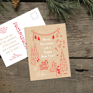 Whimsical Red & Beige Weihnachtslandschaft Postcar Feiertagspostkarte