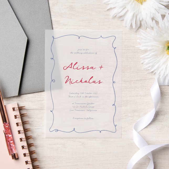 Whimsical Red & Blue Hand Drawn Border Wedding (Hochzeit)