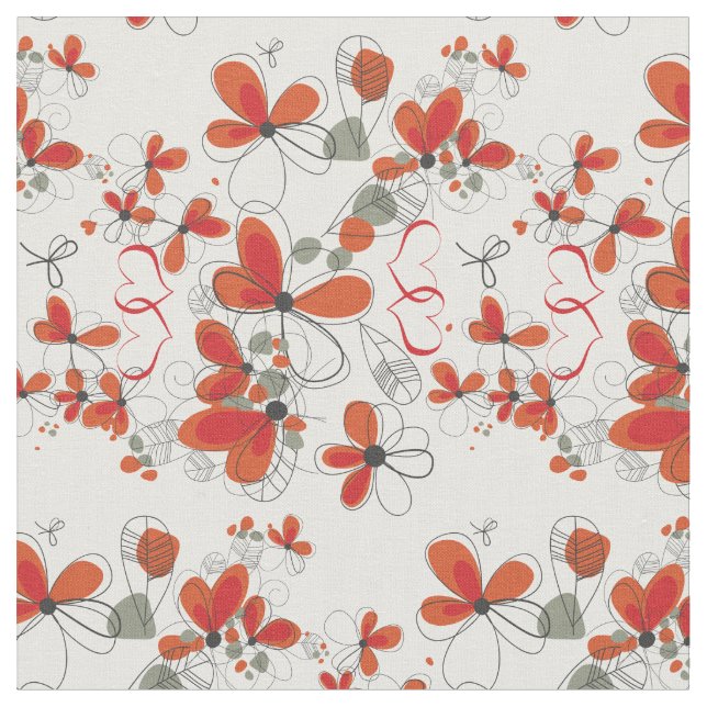 Whimsical Red Blume and Hearts Stoff (Nahaufnahme)