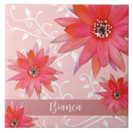 Whimsical Red Blume Wirble Blätter Name Pink hinzu Fliese