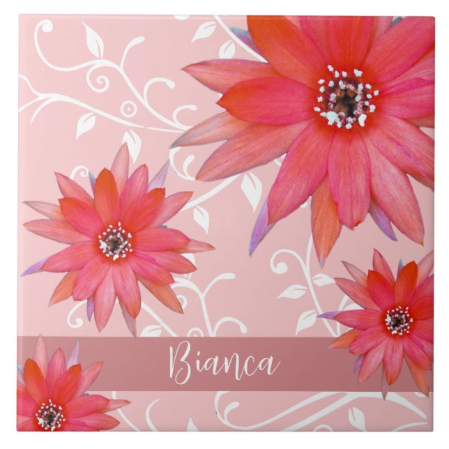 Whimsical Red Blume Wirble Blätter Name Pink hinzu Fliese (Vorderseite)