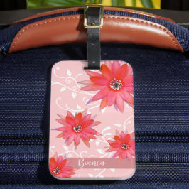 Whimsical Red Blume Wirble Blätter Name Pink hinzu Gepäckanhänger