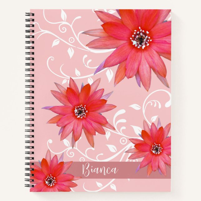 Whimsical Red Blume Wirble Blätter Name Pink hinzu Notizbuch (Vorderseite)