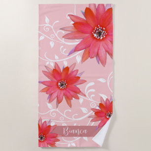 Whimsical Red Blume Wirble Blätter Name Pink hinzu Strandtuch