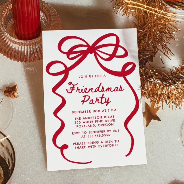 Whimsical Red Bow Friendsmas Christmas Party Einladung (Von Creator hochgeladen)