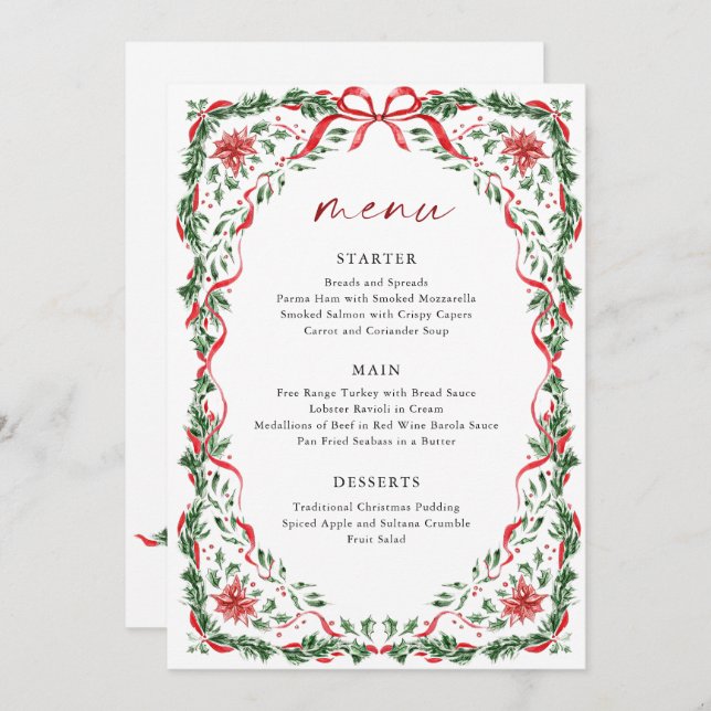 Whimsical Red Bow Printable Christmas Menu Card Einladung (Vorne/Hinten)
