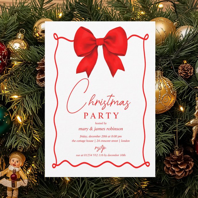 Whimsical Red Bow Weihnachtsfeier Einladung (Whimsical Red Bow Christmas Holiday Party Invitation)