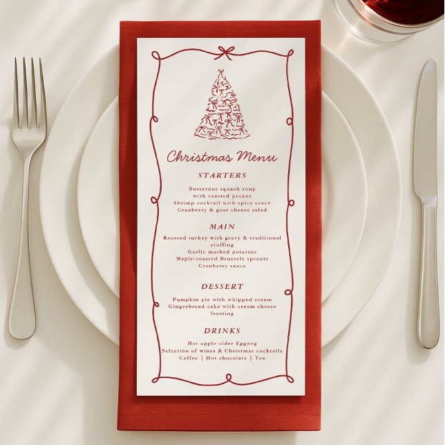 Whimsical Red Christmas Tree Dinner Menu Menükarte (Von Creator hochgeladen)