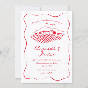Whimsical Red Doodle Wavy Border Wedding Einladung
