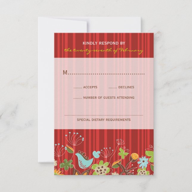 Whimsical Red Floral Garden Wedding RSVP Card (Vorderseite)