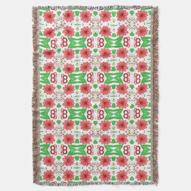 Whimsical Red Flowers Green Leaves On White Art Decke (Vorderseite Vertikal)