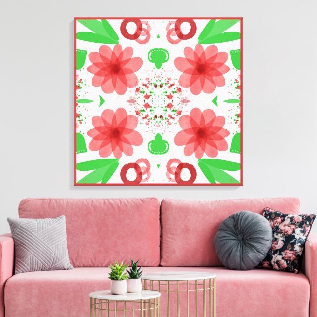 Whimsical Red Flowers Green Leaves On White Art Leinwanddruck (Insitu (Wohnzimmer))