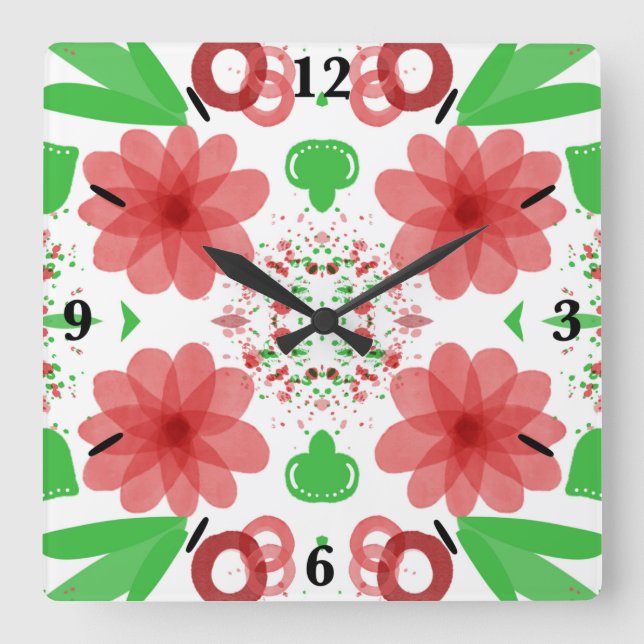 Whimsical Red Flowers Green Leaves On White Art Quadratische Wanduhr (Vorderseite)