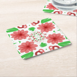 Whimsical Red Flowers Green Leaves On White Art  Rechteckiger Pappuntersetzer