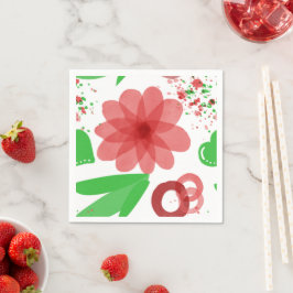 Whimsical Red Flowers Green Leaves On White Art Serviette