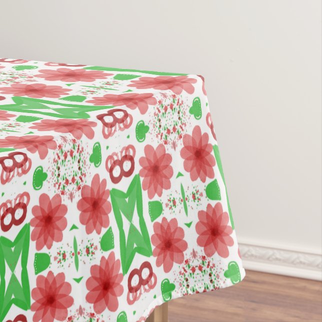 Whimsical Red Flowers Green Leaves On White Art Tischdecke (Beispiel)