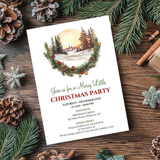 Whimsical Red Green Winter Scene Party Invitation Einladung (Whimsical Red Green Winter Scene Party Invitation)
