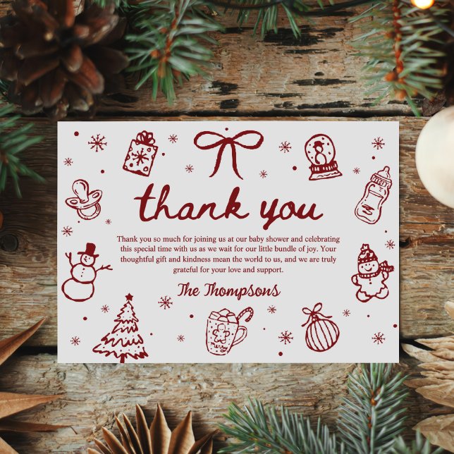 Whimsical Red Hand Drawn Christmas Baby Shower Dankeskarte (Von Creator hochgeladen)