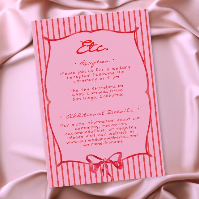 Whimsical Red Pink Watercolor Bow Stripe Wedding Begleitkarte (Whimsical Red Pink Watercolor Bow Stripe Wedding Enclosure Card)