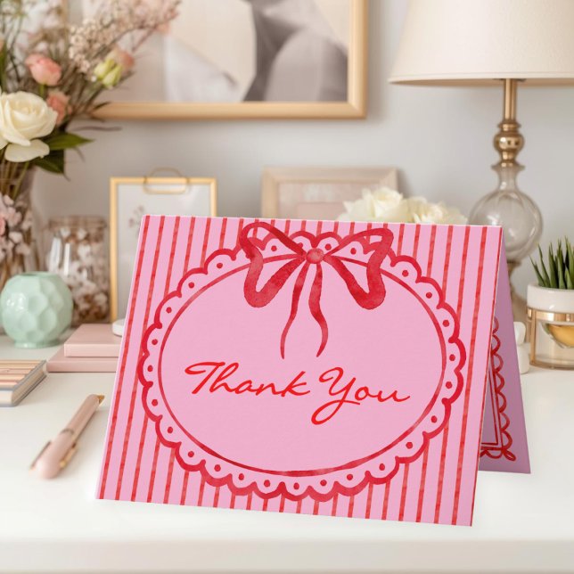 Whimsical Red Pink Watercolor Bow Stripe Wedding Dankeskarte (Whimsical Red Pink Watercolor Bow Stripe Wedding Thank You Card)