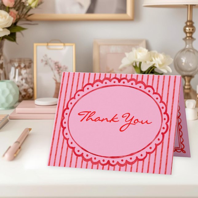 Whimsical Red Pink Watercolor Stripe Wedding Dankeskarte (Whimsical Red Pink Watercolor Bow Stripe Wedding Thank You Card)