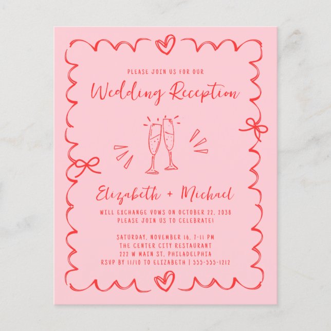 Whimsical Red Pink Wedding Reception Invitation (Vorderseite)