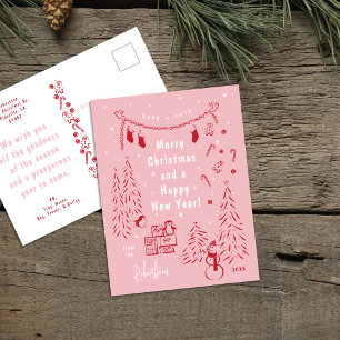 Whimsical Red & Pink Weihnachtslandschaft Postcard Feiertagspostkarte