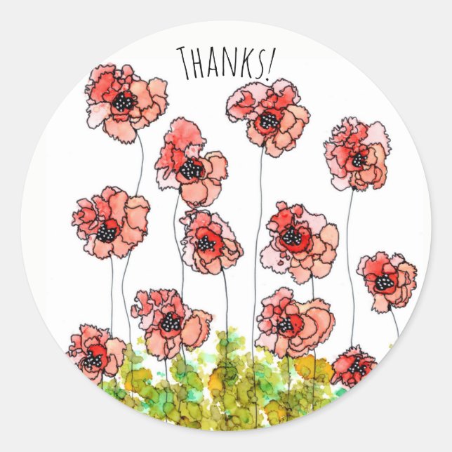 Whimsical Red Poppy Blume Vielen Dank Sticker (Vorderseite)