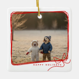 Whimsical Red Ribbon Frame Holiday Photo Keramikornament