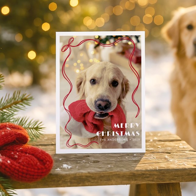 Whimsical Red Ribbon Pet Foto Frohe Weihnachten Postkarte (Von Creator hochgeladen)