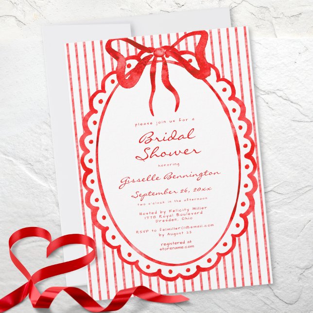 Whimsical Red Watercolor Bow Stripe Bridal Shower Einladung (Whimsical Red Watercolor Bow Stripe Bridal Shower Invitation)