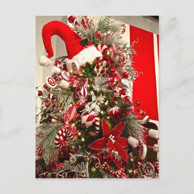 Whimsical Red & White Candy Themed Weihnachtsbaum Postkarte (Vorderseite)